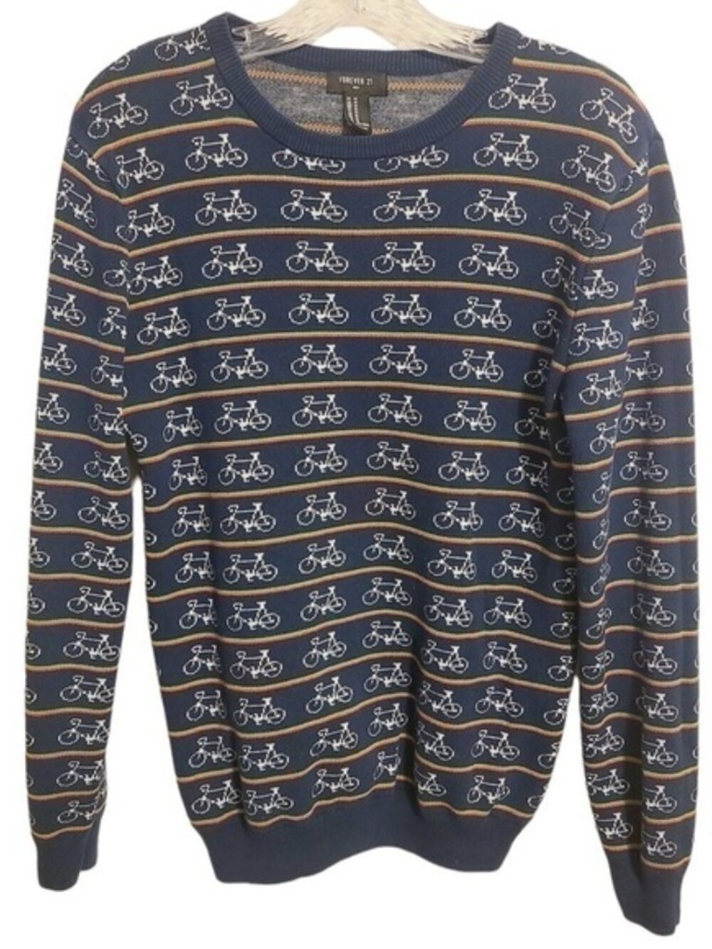Forever 21 Men | Navy Bicycle Print & Striped Crewneck Sweater (Size Medium) - Picture 2 of 12